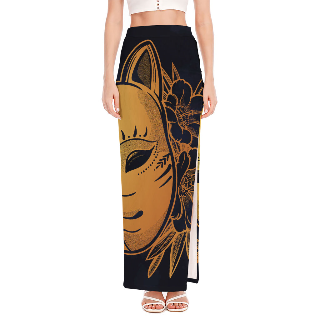 Japanese Fox Mask Print High Slit Maxi Skirt