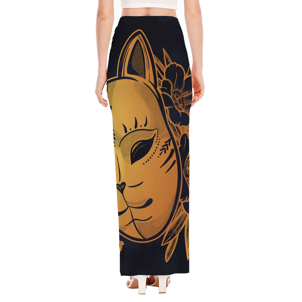 Japanese Fox Mask Print High Slit Maxi Skirt