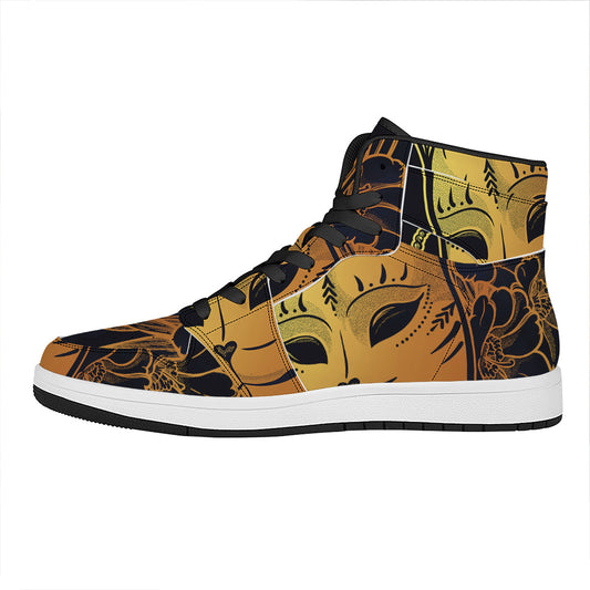 Japanese Fox Mask Print High Top Leather Sneakers
