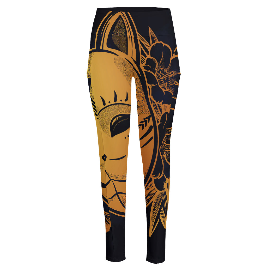 Japanese Fox Mask Print High-Waisted Pocket Leggings