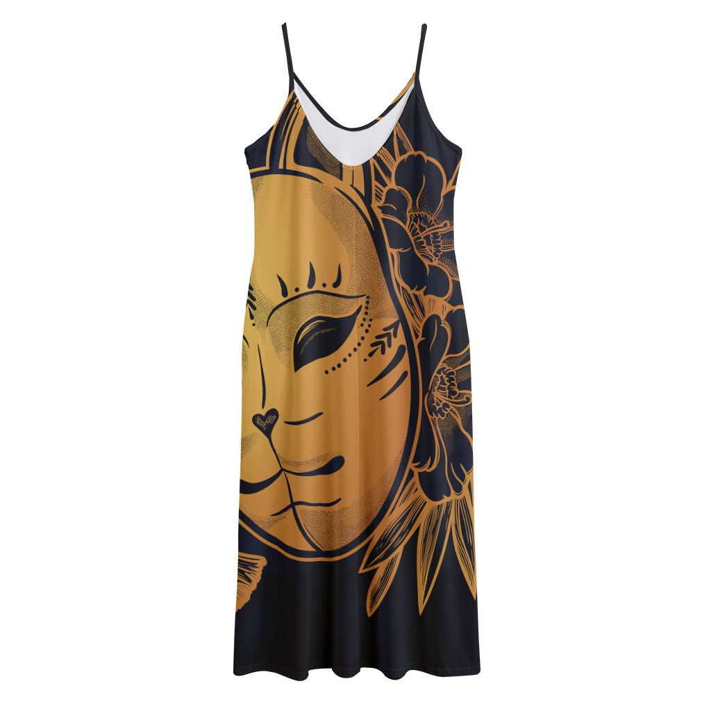 Japanese Fox Mask Print Jersey Midi Cami Dress