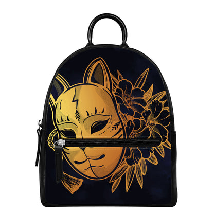 Japanese Fox Mask Print Leather Backpack