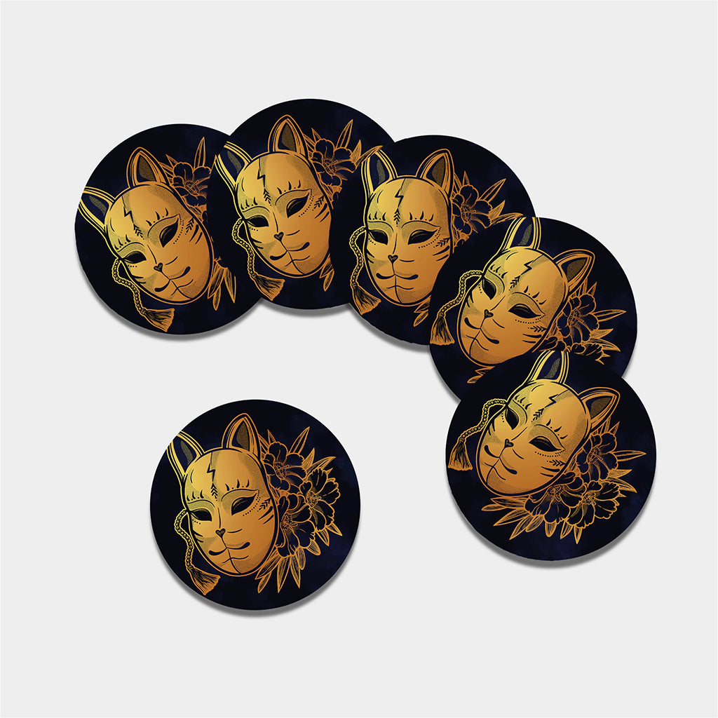 Japanese Fox Mask Print Leather Coaster Set