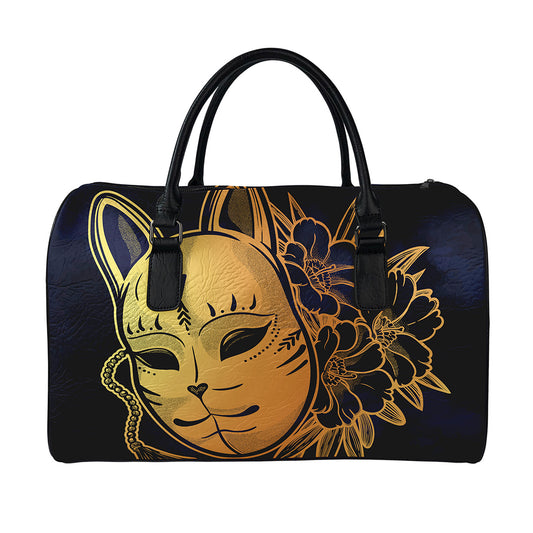 Japanese Fox Mask Print Leather Duffle Bag