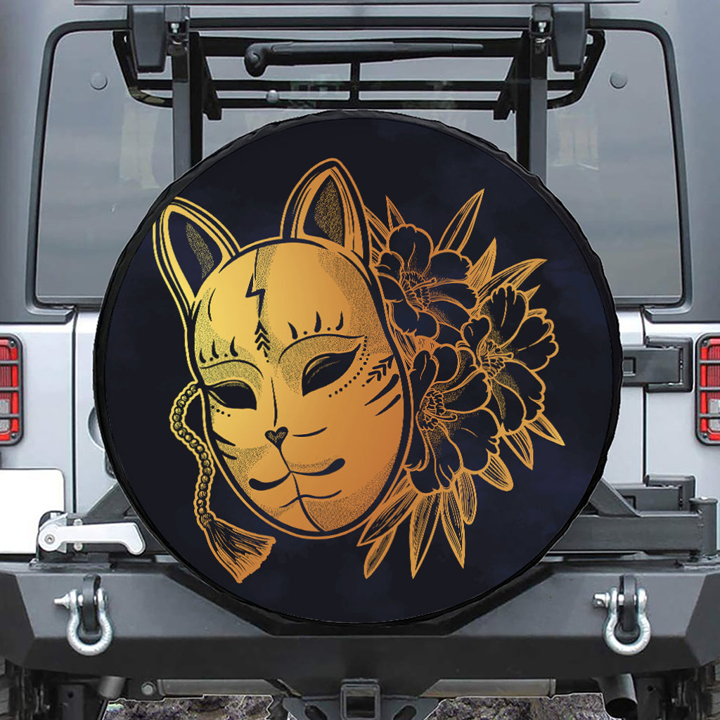 Japanese Fox Mask Print Leather Spare Tire Cover