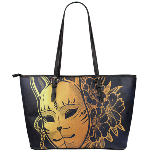Japanese Fox Mask Print Leather Tote Bag