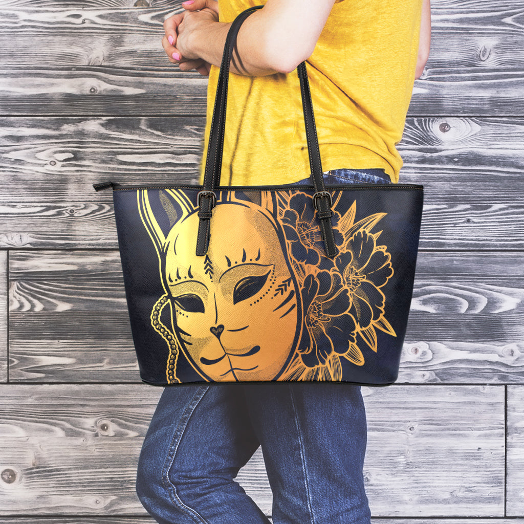 Japanese Fox Mask Print Leather Tote Bag