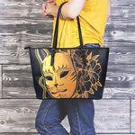 Japanese Fox Mask Print Leather Tote Bag