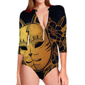 Japanese Fox Mask Print Long Sleeve Swimsuit
