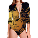 Japanese Fox Mask Print Long Sleeve Swimsuit