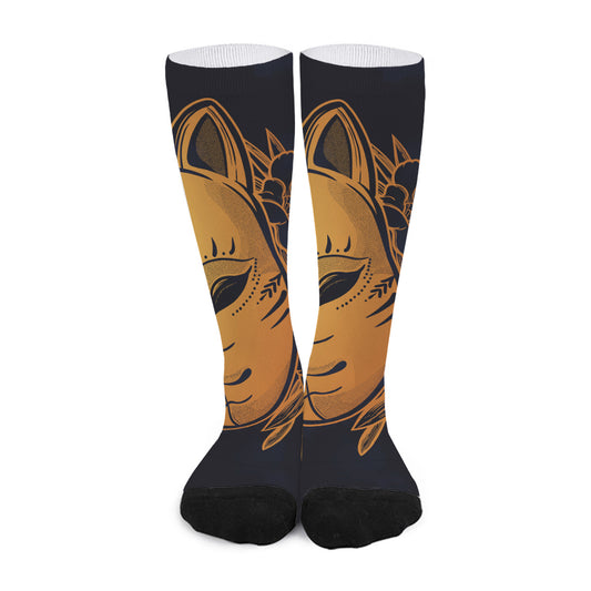Japanese Fox Mask Print Long Socks