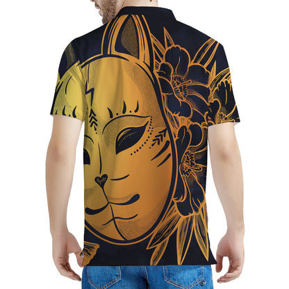Japanese Fox Mask Print Men's Polo Shirt