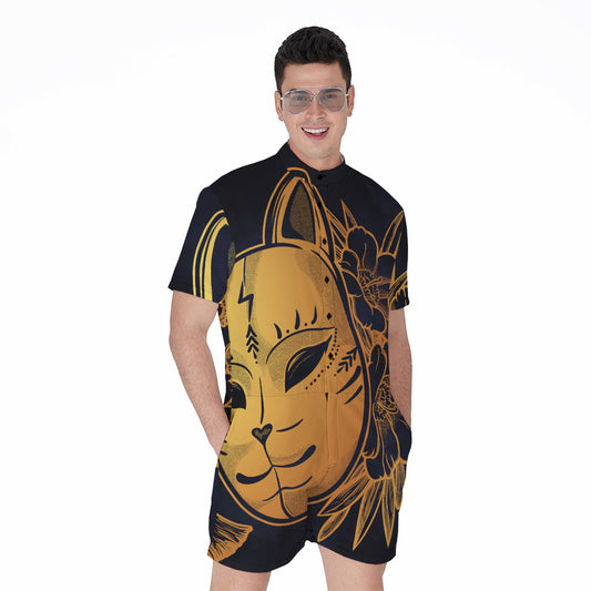 Japanese Fox Mask Print Men's Rompers