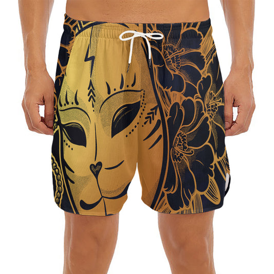 Japanese Fox Mask Print Men's Split Running Shorts