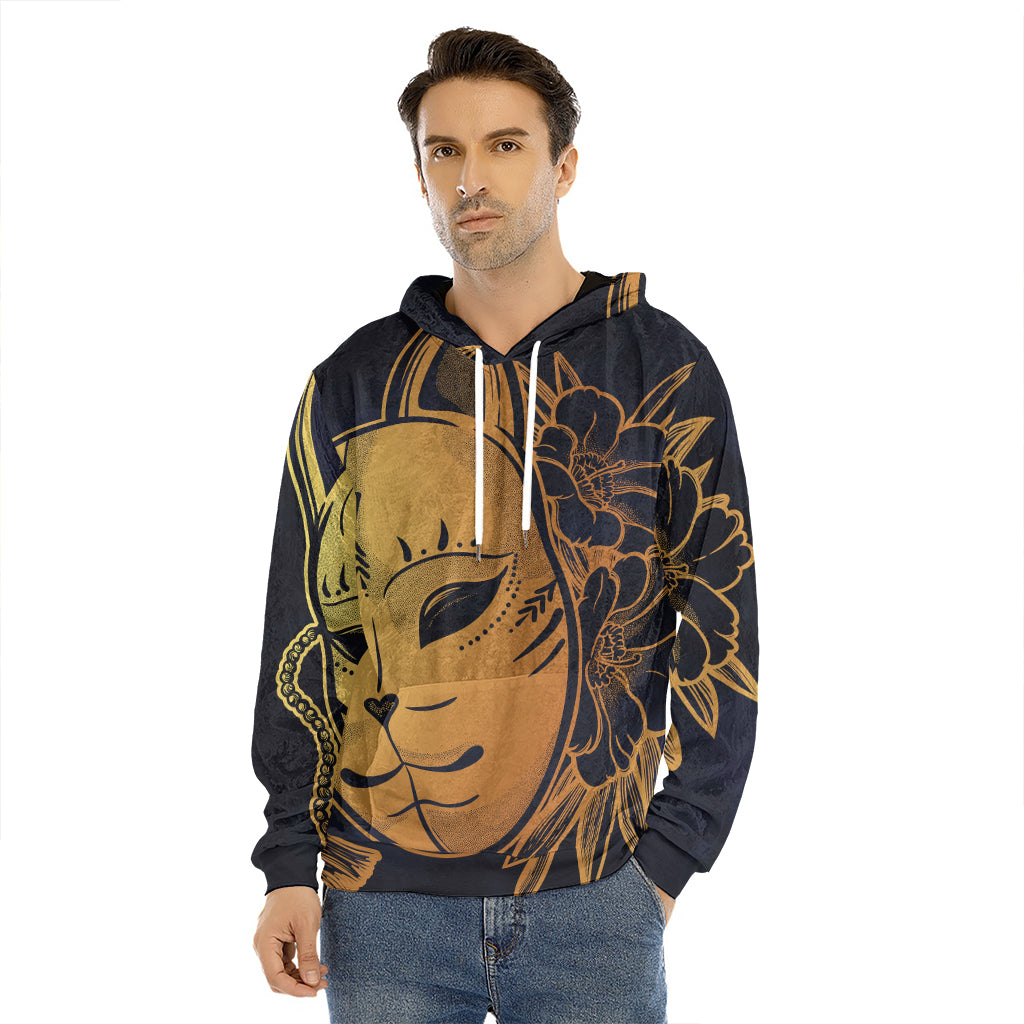 Japanese Fox Mask Print Men's Velvet Pullover Hoodie