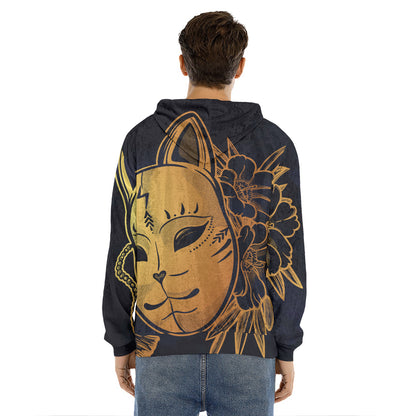 Japanese Fox Mask Print Men's Velvet Pullover Hoodie