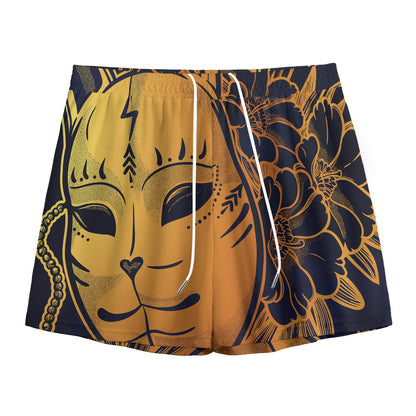 Japanese Fox Mask Print Mesh Shorts