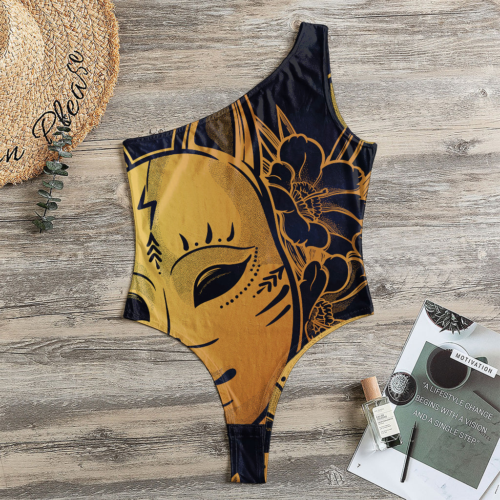 Japanese Fox Mask Print One Shoulder Bodysuit