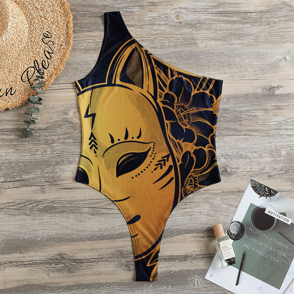 Japanese Fox Mask Print One Shoulder Bodysuit