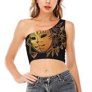 Japanese Fox Mask Print One Shoulder Crop Top