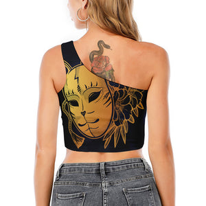 Japanese Fox Mask Print One Shoulder Crop Top