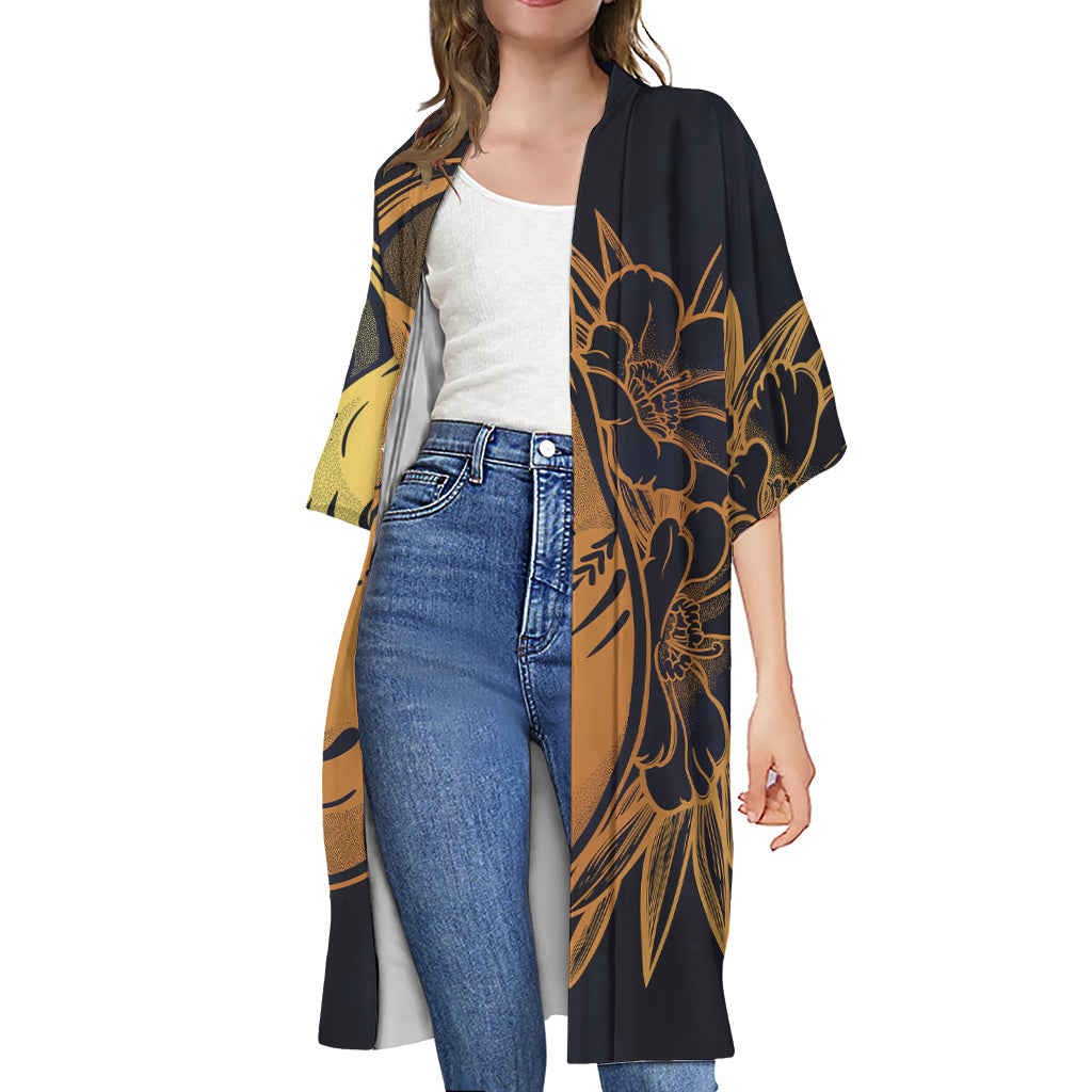 Japanese Fox Mask Print Open Front Beach Cover Up