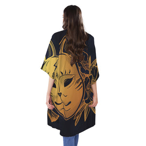 Japanese Fox Mask Print Open Front Beach Cover Up