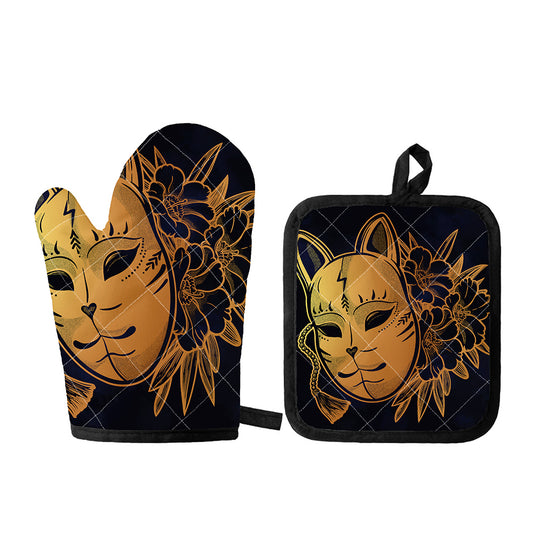 Japanese Fox Mask Print Oven Mitt And Pot Holder Set