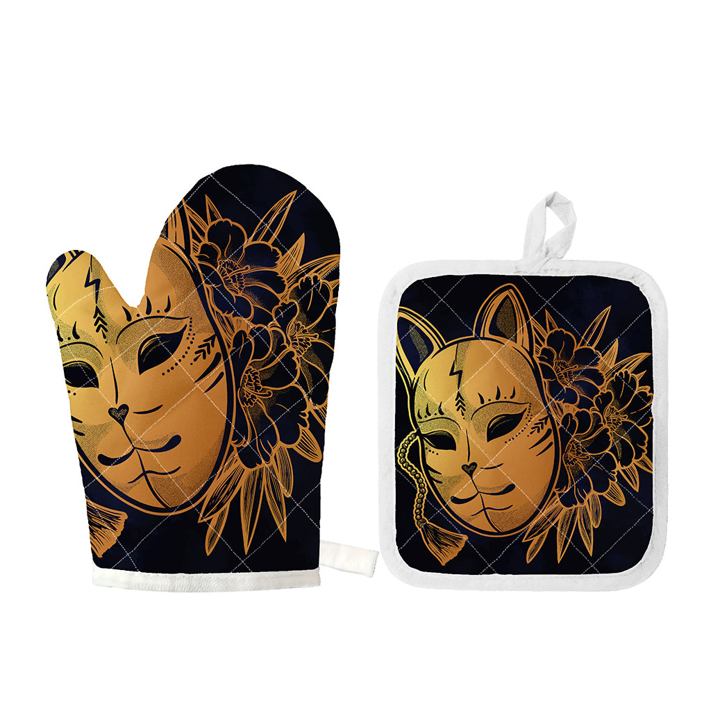 Japanese Fox Mask Print Oven Mitt And Pot Holder Set