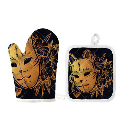 Japanese Fox Mask Print Oven Mitt And Pot Holder Set