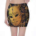 Japanese Fox Mask Print Pencil Mini Skirt
