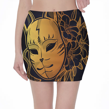 Japanese Fox Mask Print Pencil Mini Skirt