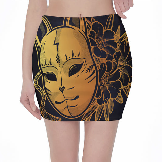 Japanese Fox Mask Print Pencil Mini Skirt