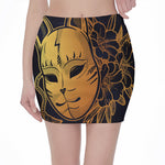 Japanese Fox Mask Print Pencil Mini Skirt