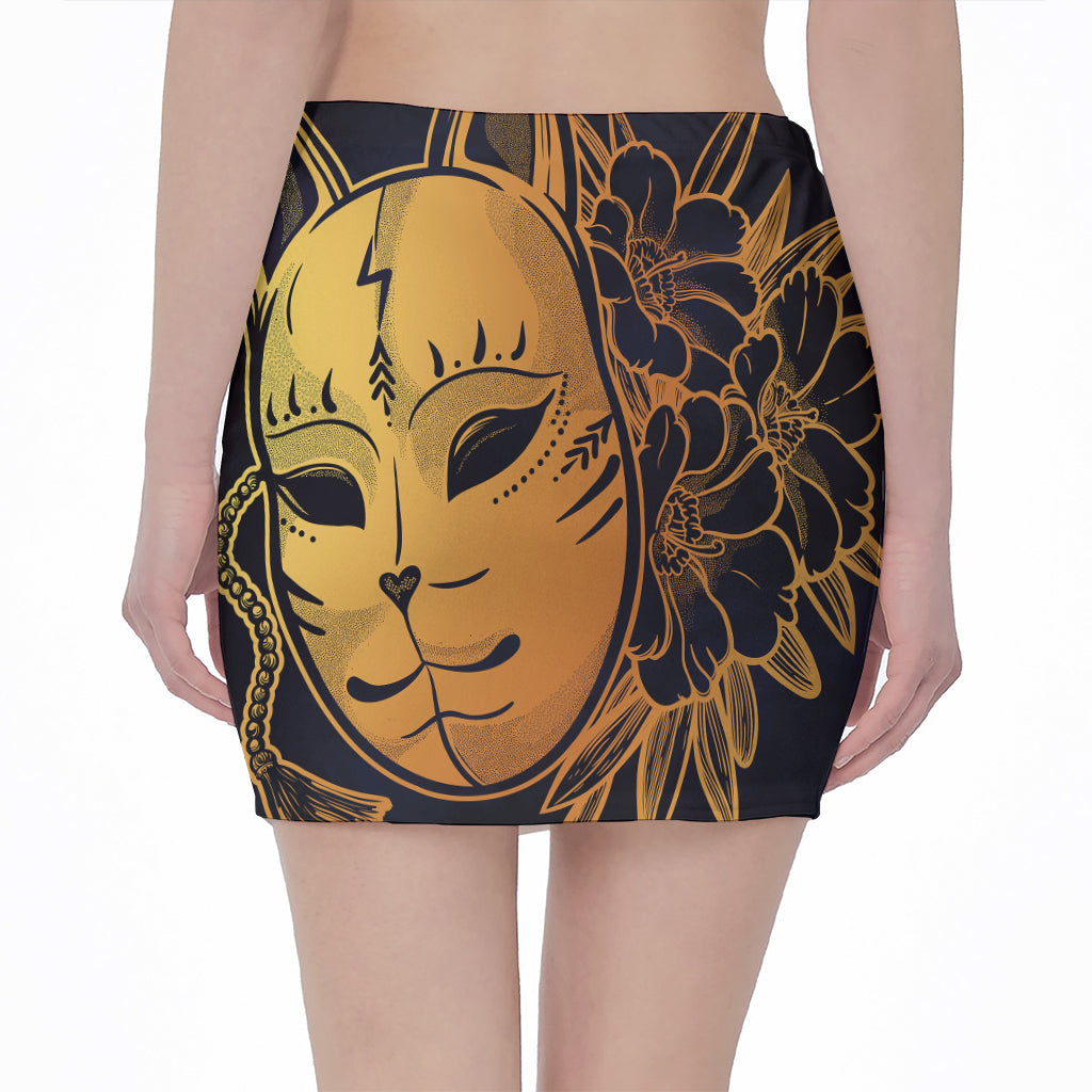 Japanese Fox Mask Print Pencil Mini Skirt