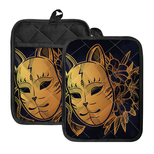 Japanese Fox Mask Print Pot Holders With Pocket