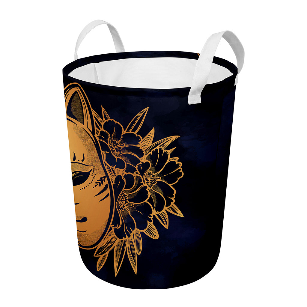 Japanese Fox Mask Print Round Laundry Basket