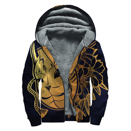 Japanese Fox Mask Print Sherpa Lined Zip Up Hoodie