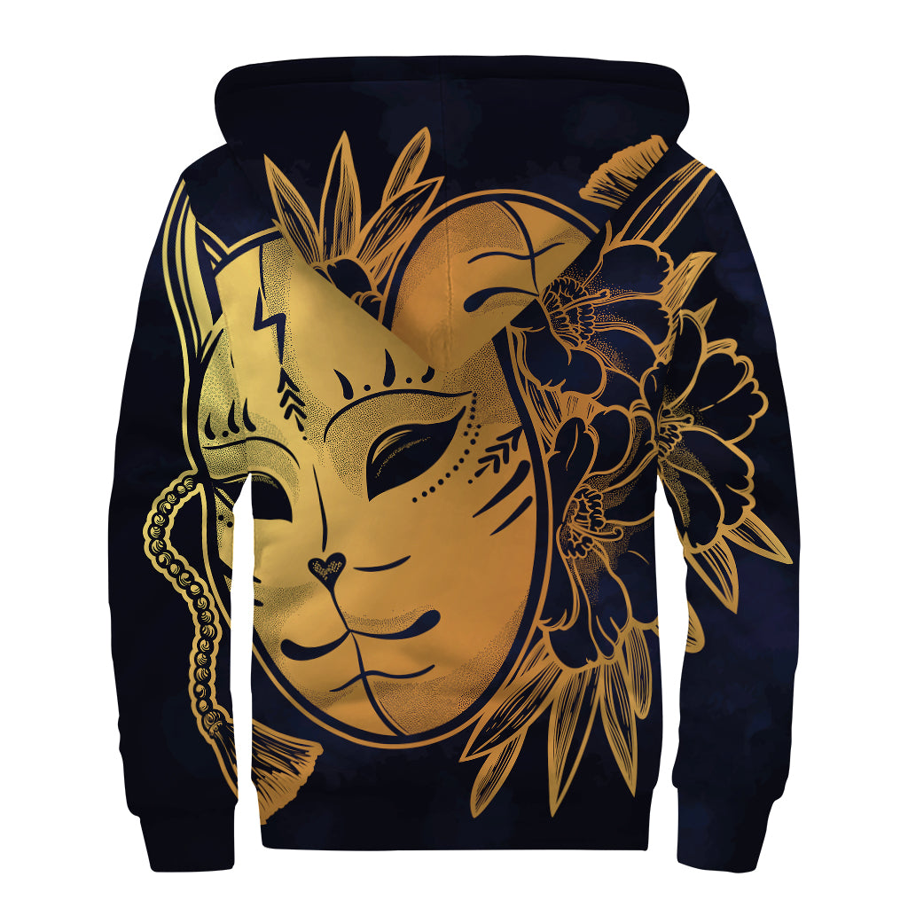 Japanese Fox Mask Print Sherpa Lined Zip Up Hoodie