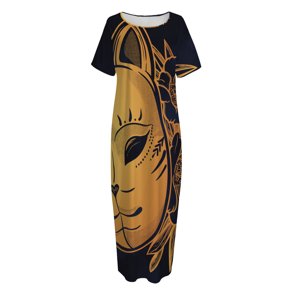 Japanese Fox Mask Print Short Sleeve Long Nightdress