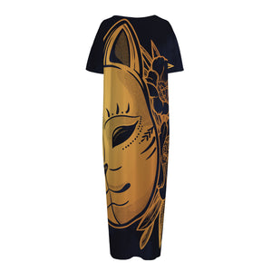 Japanese Fox Mask Print Short Sleeve Long Nightdress