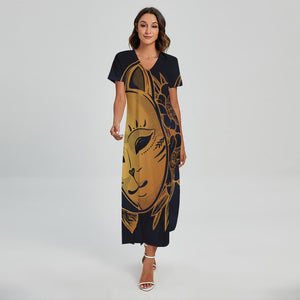 Japanese Fox Mask Print Short Sleeve Maxi Dress