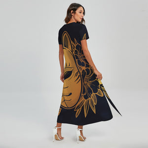 Japanese Fox Mask Print Short Sleeve Maxi Dress