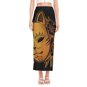 Japanese Fox Mask Print Side Slit Maxi Skirt