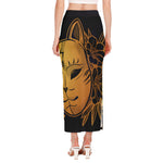 Japanese Fox Mask Print Side Slit Maxi Skirt