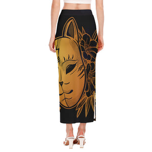 Japanese Fox Mask Print Side Slit Maxi Skirt