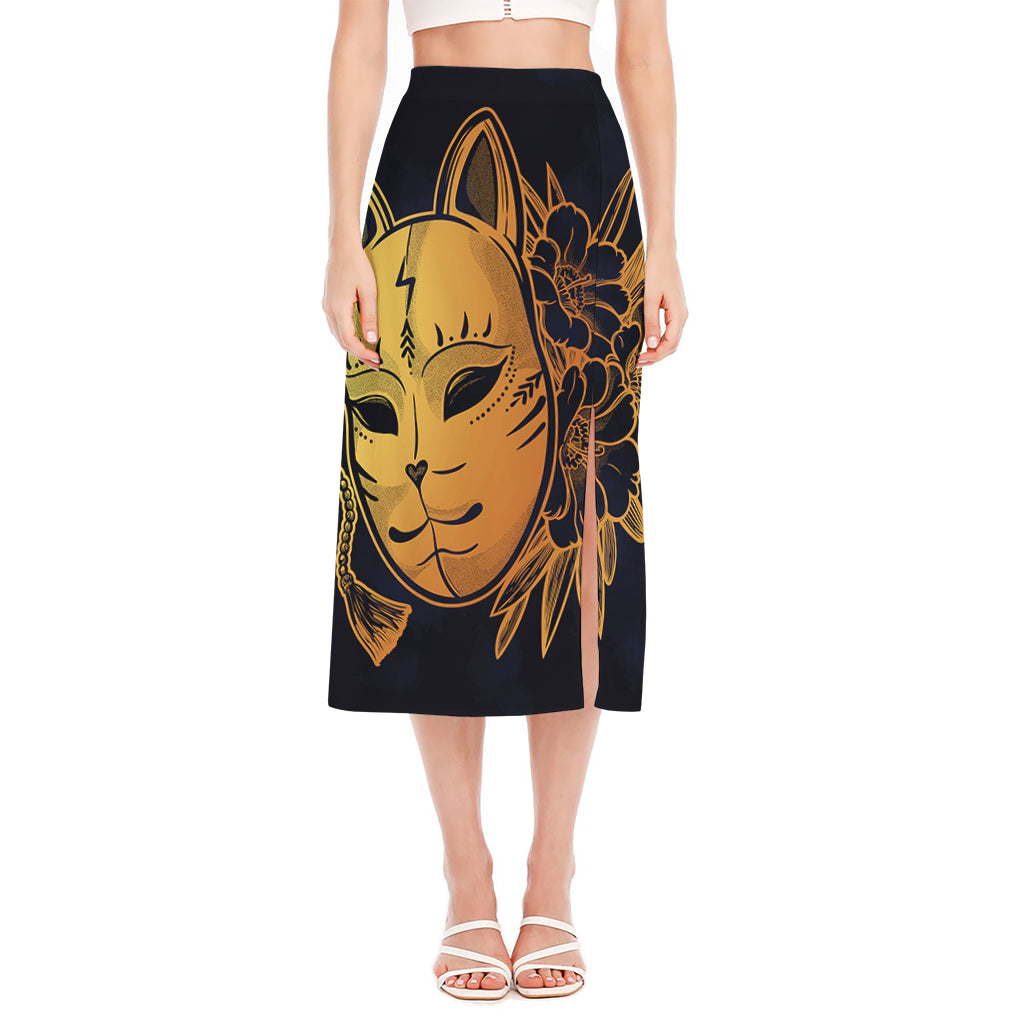 Japanese Fox Mask Print Side Slit Midi Skirt