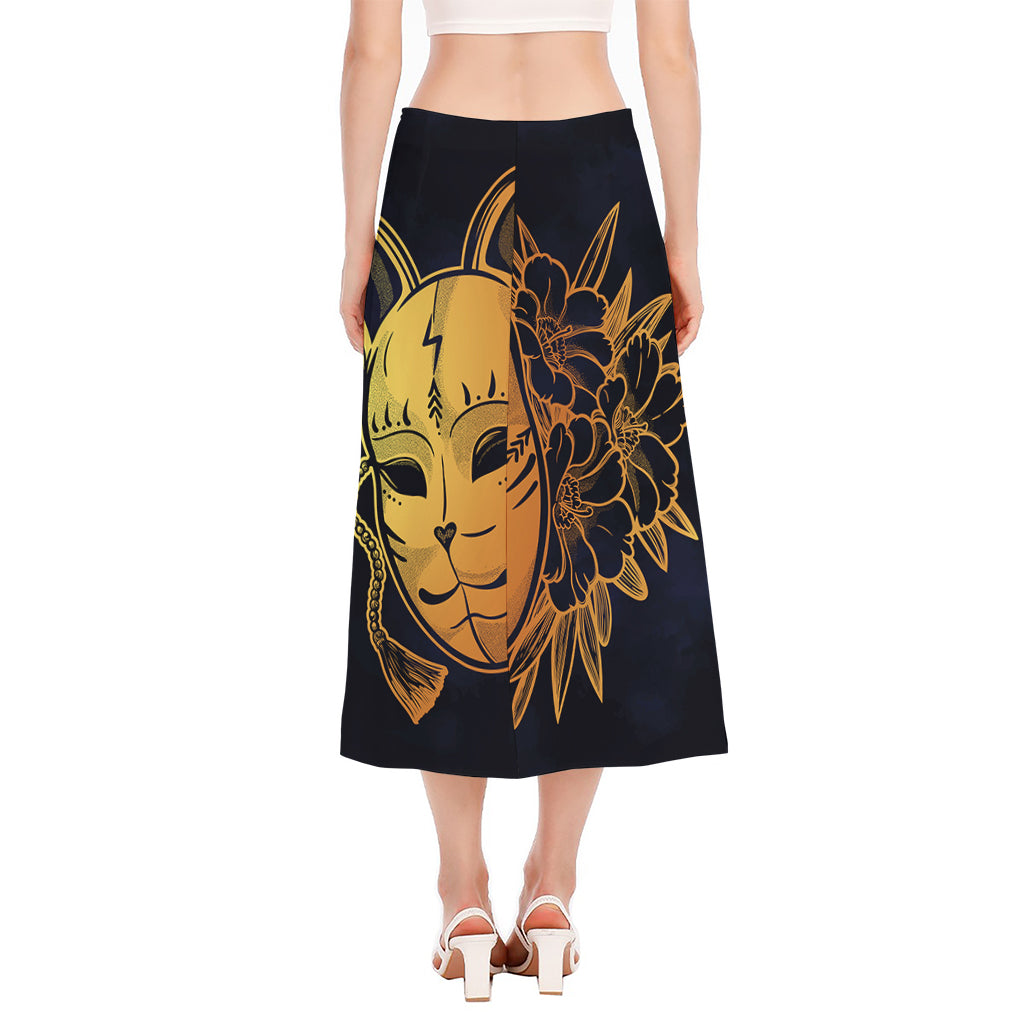 Japanese Fox Mask Print Side Slit Midi Skirt