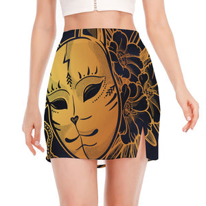 Japanese Fox Mask Print Side Slit Mini Skirt