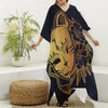 Japanese Fox Mask Print Silk V-Neck Kaftan Dress